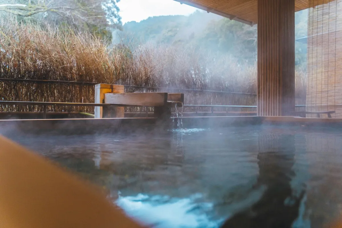 Steaming outdoor thermal bath (rotenburo) in Kinosaki