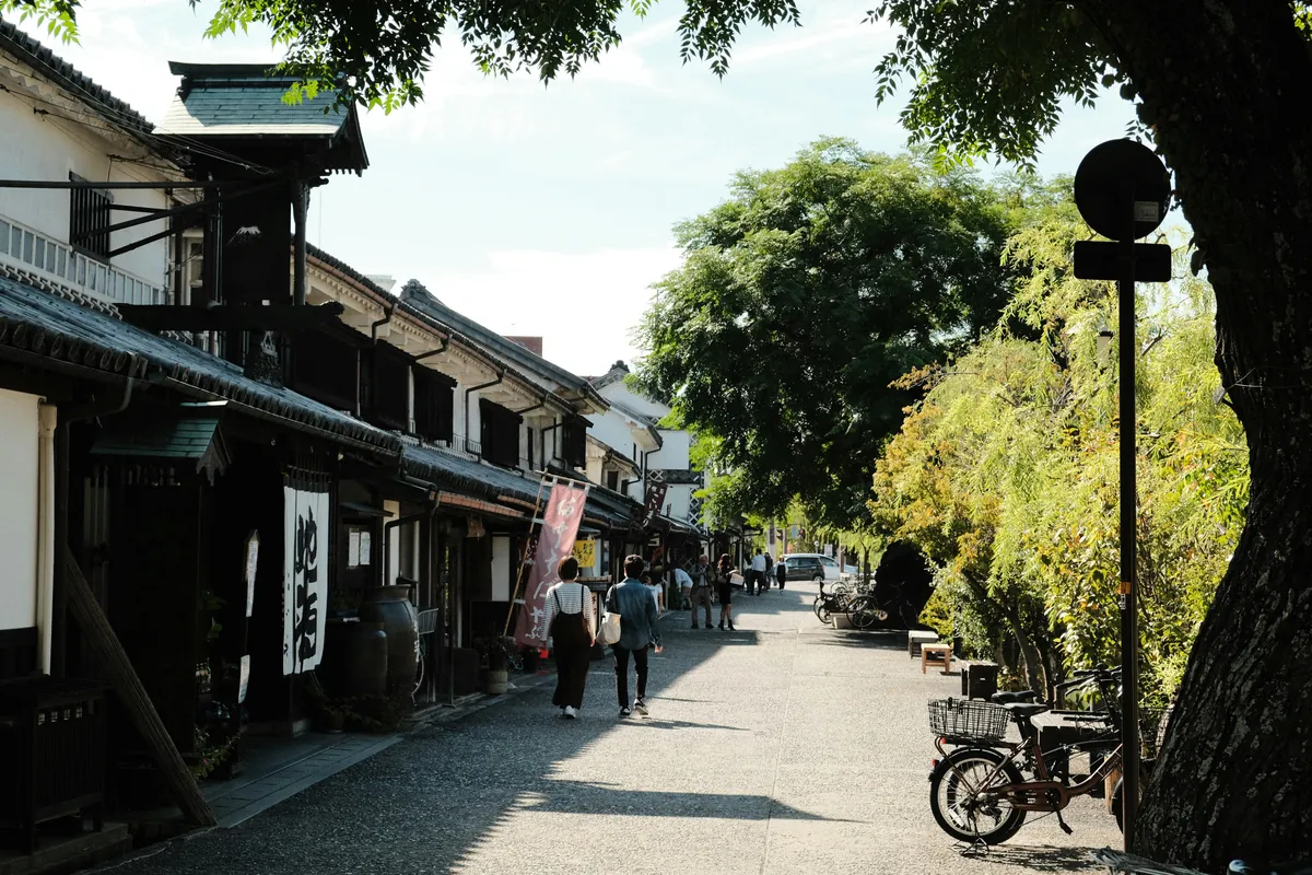 Street of white Edo-era warehouses with passers-by and a willow, in the Bikan quarter of Kurashiki