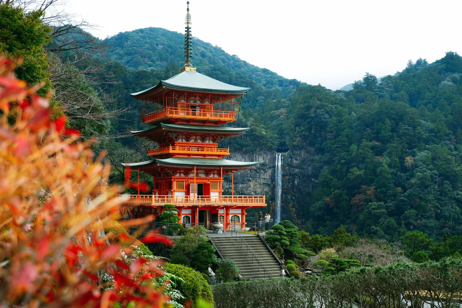 Seiganto-ji pagoda beside the Nachi waterfall among the mountains, in Wakayama prefecture